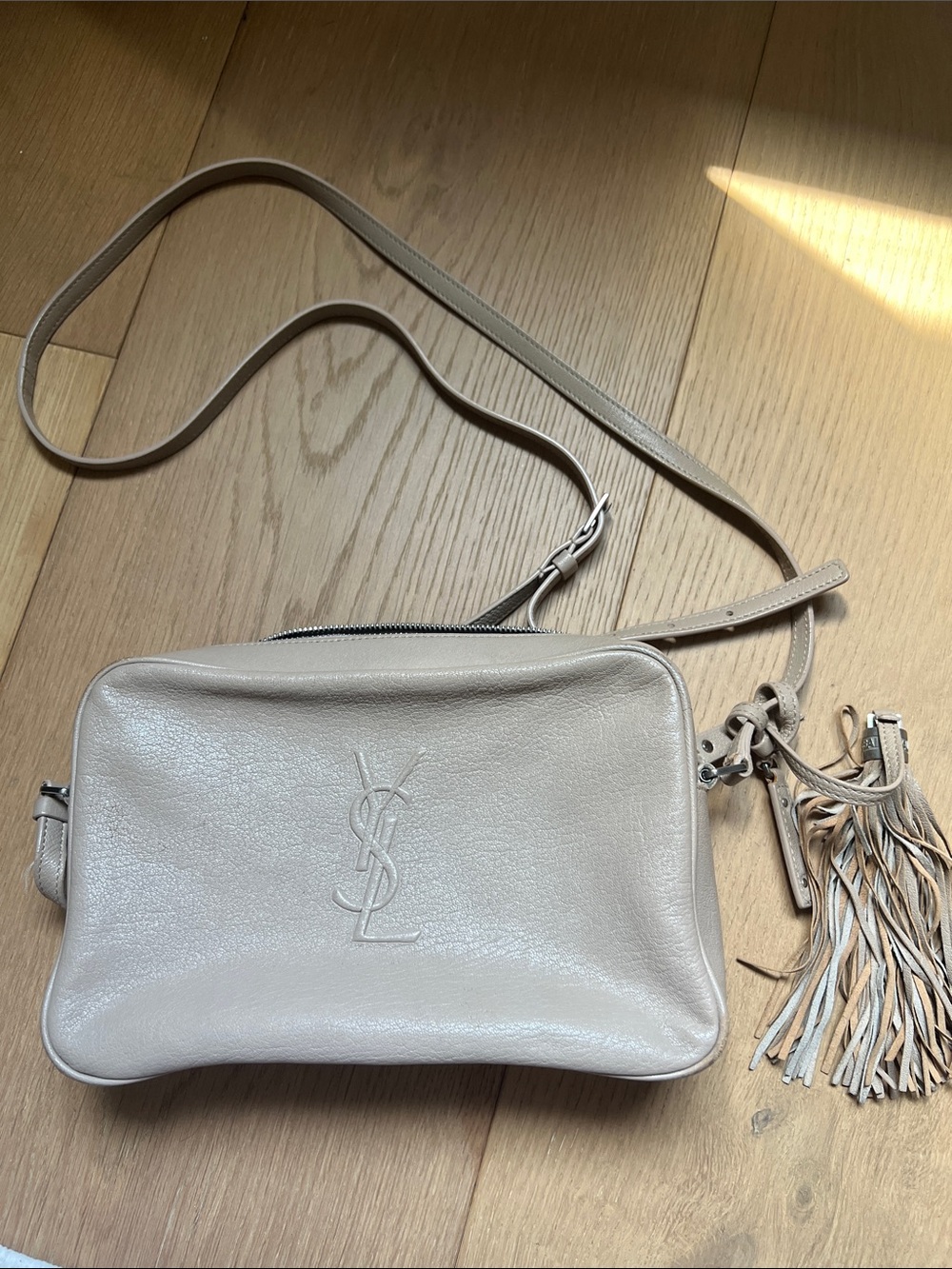 Authentic Saint Laurent taupe Leather Crossbody with Tassel (Lou camera bag)
